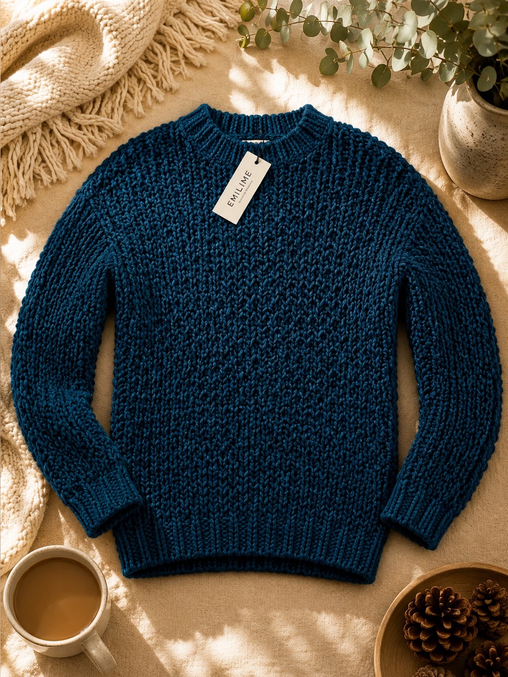 Emilime Handmade Peru 100% Wool Chunky Sweater Blue Artisan Size Medium/Large